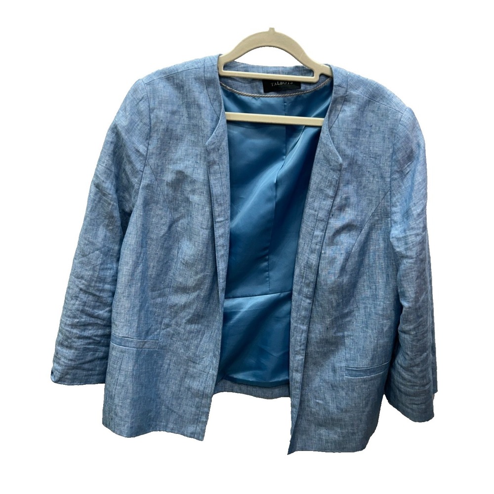 Talbots‎ Blazer Womens Size M? Blue Linen Open Front Lined Summer Basic Neutral